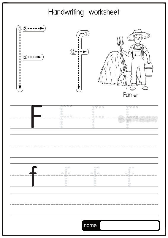 黑白矢量插图的农民与字母F大写字母或大写字母为儿童学习实践ABC