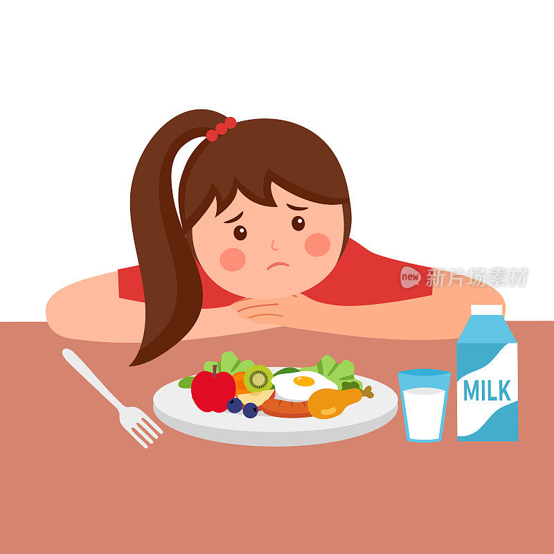 女孩感觉不饿概念向量插图上的白色背景。孩子们不能吃东西。没有胃口。