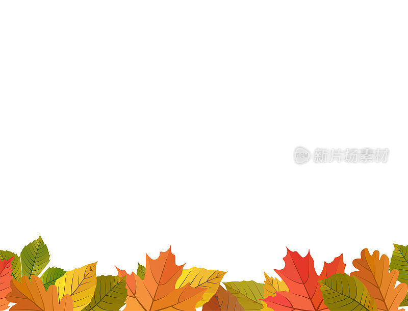 秋叶背景矢量卡通插图。黄，绿，红，橙落叶卡片模板上的白色背景
