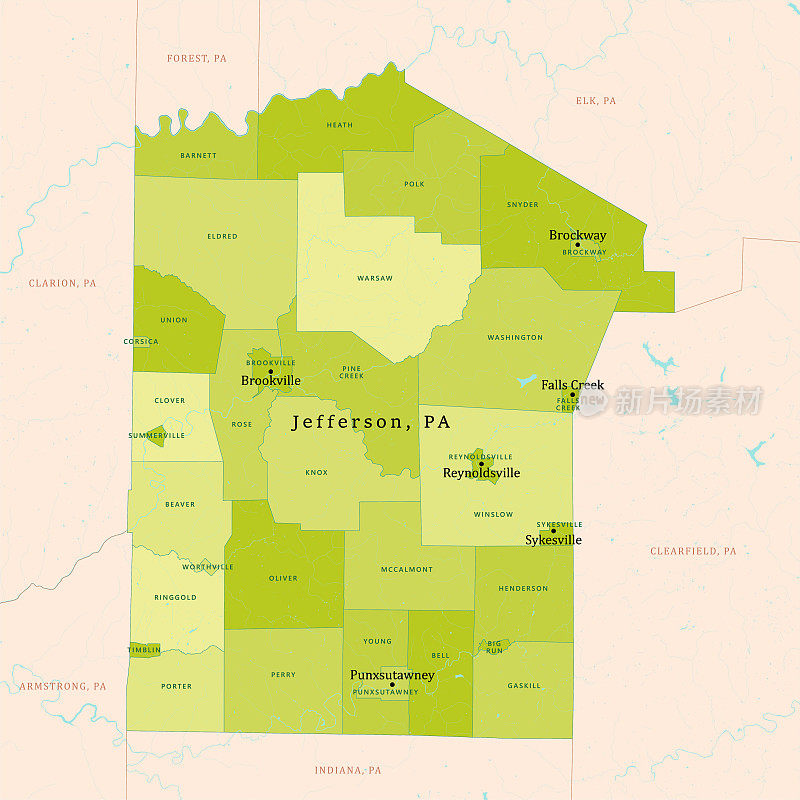 杰斐逊县绿色矢量地图