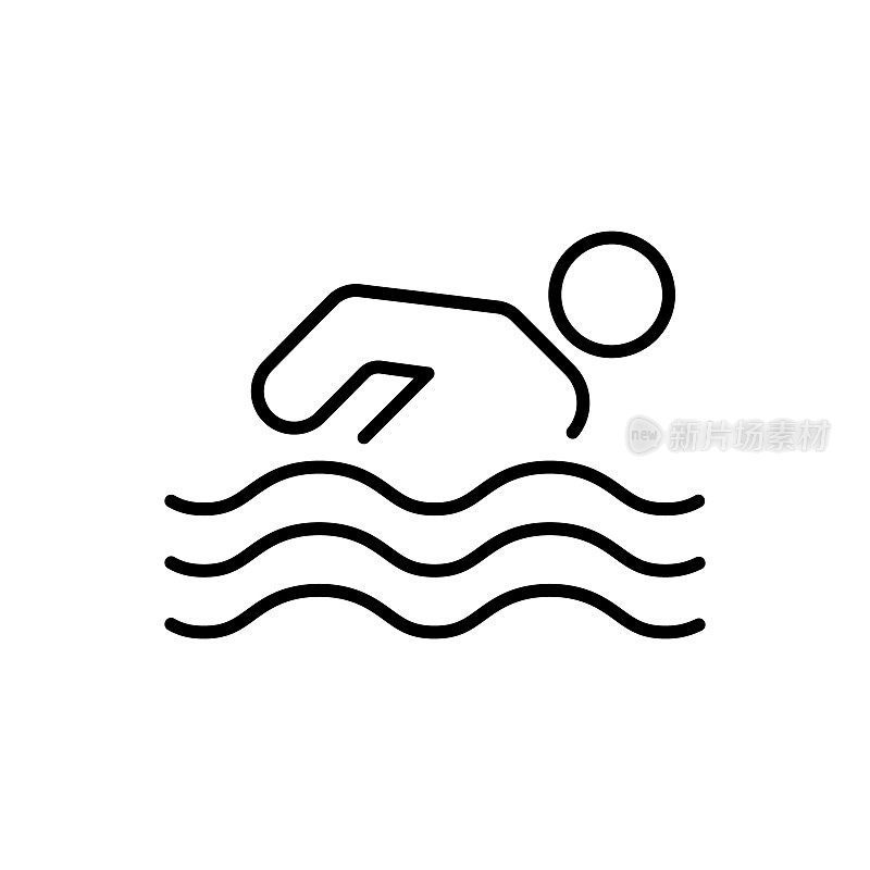 运动员棍子人游泳在海黑线图标。运动游泳运动员在游泳池跳水轮廓象形。水平面符号中的人类简单图形运动。可编辑的中风。孤立的矢量图
