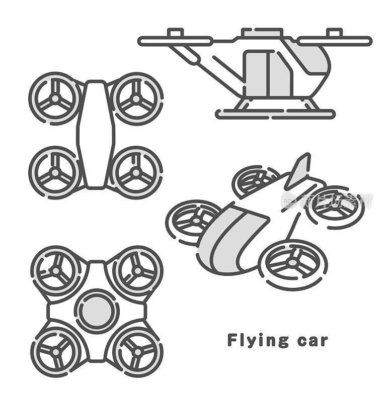 矢量插图飞行汽车，飞行出租车。空气流动。