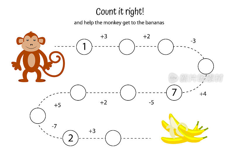 学龄前儿童的数学游戏。加，减，数到十。对儿童工作表。计数。帮助猴子吃香蕉。