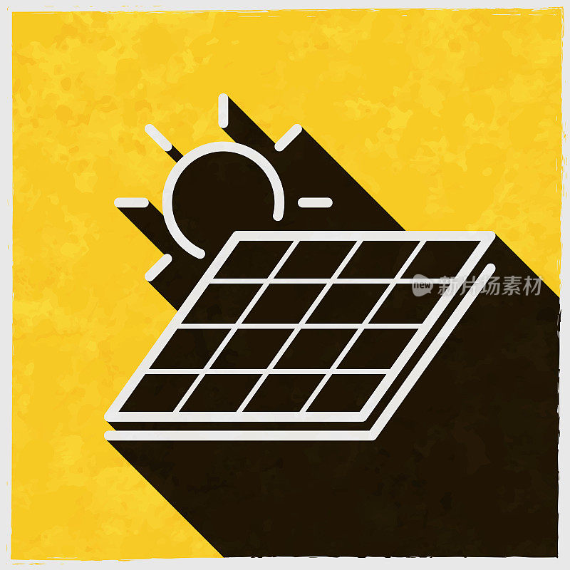 太阳能电池板与太阳。图标与长阴影的纹理黄色背景