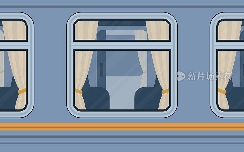 火车车厢的窗户。铁路运输在外面。卡通风格。平的风格。