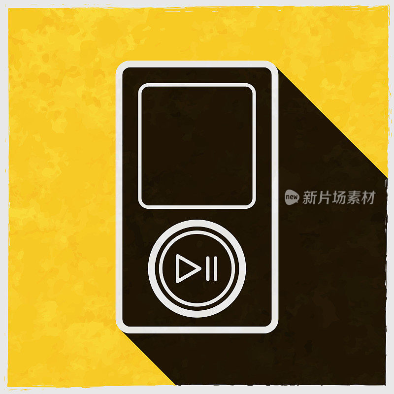 Mp3播放器。图标与长阴影的纹理黄色背景