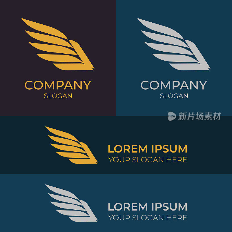 在深蓝色和深紫色的背景上设置抽象的金银豪华翼徽。创意创意logo设计。