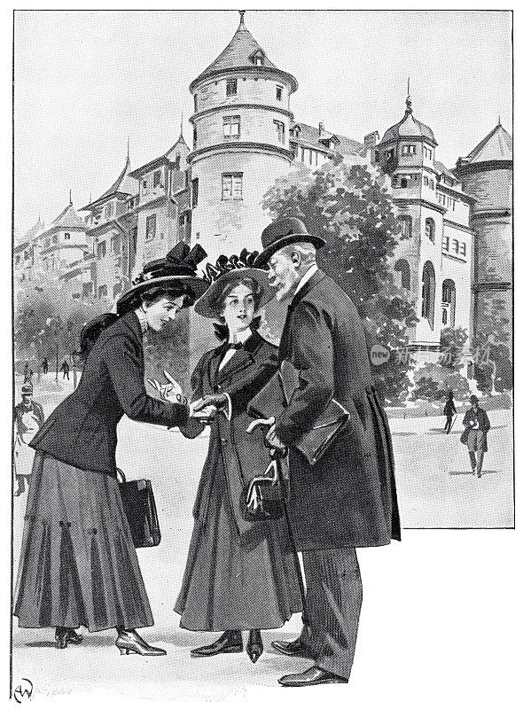 两个年轻女子在街上向一位上了年纪的绅士打招呼