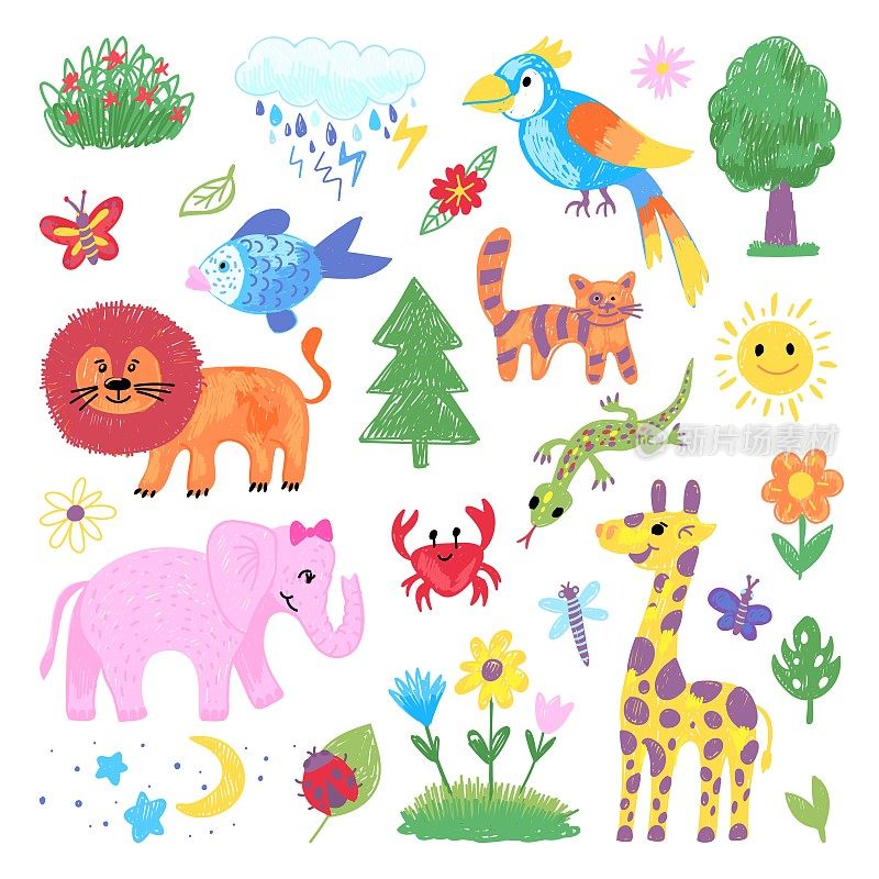 孩子铅笔绘图。儿童蜡笔设计，儿童画彩色动物。艺术长颈鹿，狮子和大象。婴儿动物园野生动物近代向量集