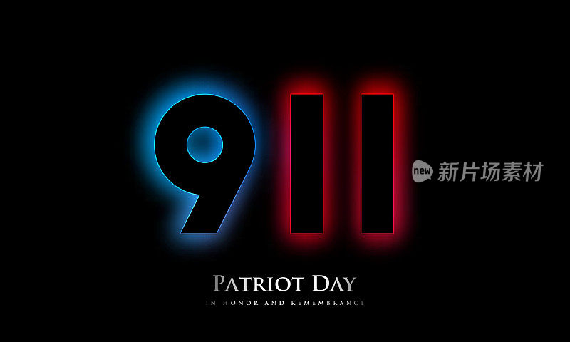 911爱国者日霓虹灯招牌。数字发光在蓝色和红色的黑色背景。双塔纪念日。