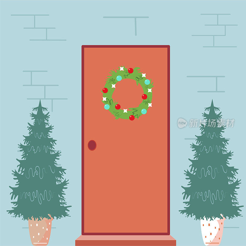 庆祝新年和圣诞节。门上装饰着圣诞花环。