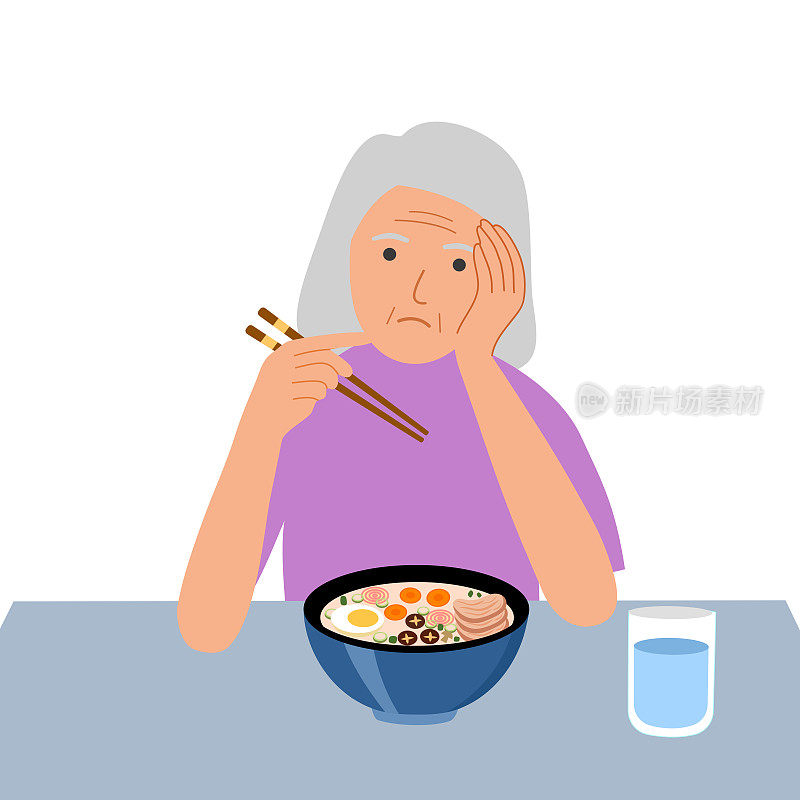 资深女性觉得不饿概念矢量插图在白色背景。老年女性无法进食。没有胃口。