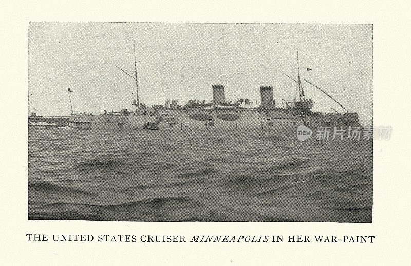 19世纪的美国海军哥伦比亚级保护巡洋舰明尼阿波利斯号(C-13)，涂着战争漆