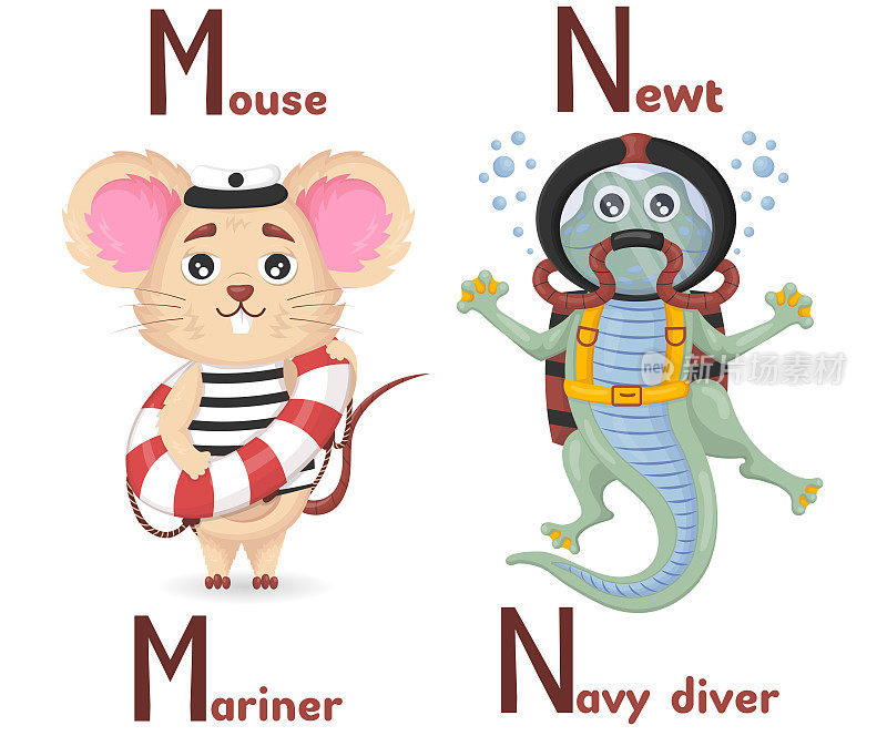 拉丁字母ABC动物职业，以字母m开头，老鼠水手和字母n蝾螈海军潜水员，卡通风格。