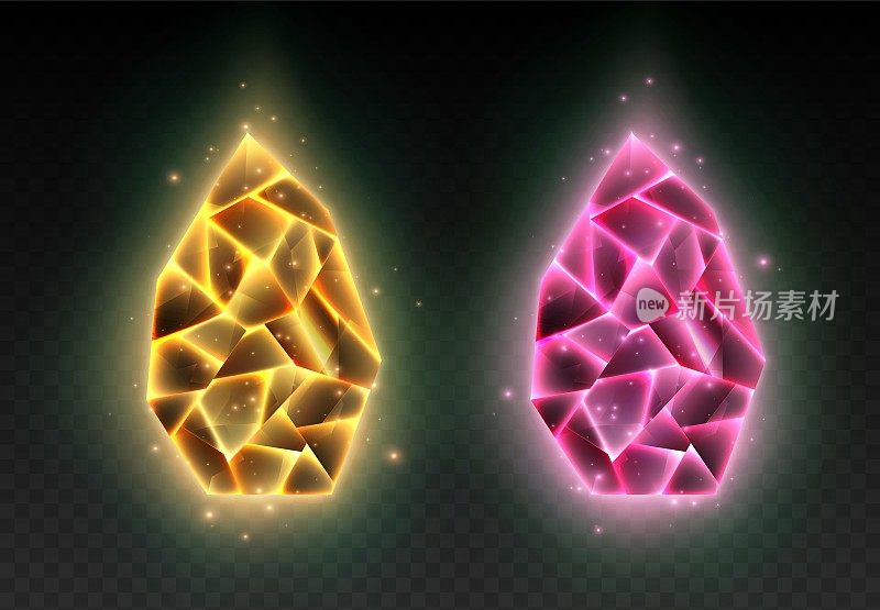 闪亮的宝石，黄色和粉色的晶体，龙蛋孤立在黑色背景。
