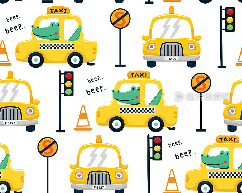 无缝模式向量的卡通鳄鱼出租车，交通元素与搞笑的黄色出租车