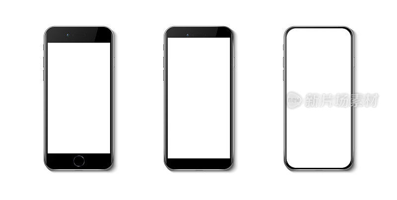 逼真的矢量图标集。拥有不同尺寸触摸屏的智能手机。孤立的白色背景。