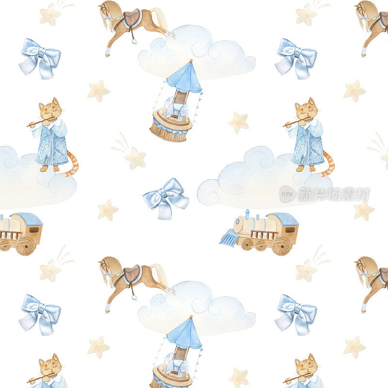 水彩图案与复古可爱的童话猫，旋转木马，马，弓，云，星星