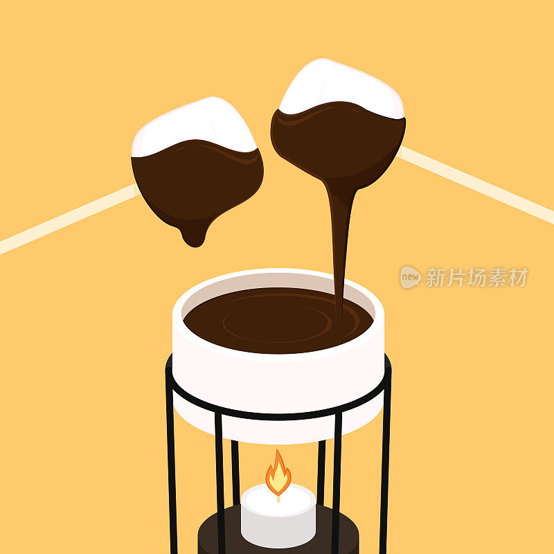 巧克力火锅的插图。巧克力火锅和棉花糖矢量。
