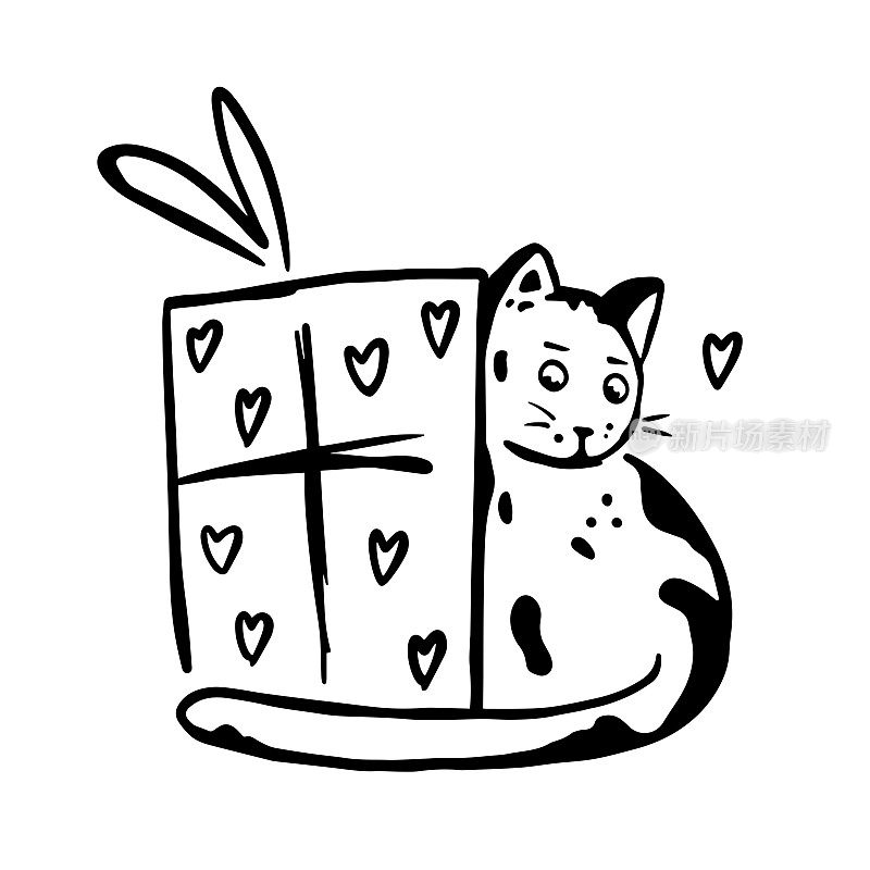 涂鸦猫与礼品盒矢量插图