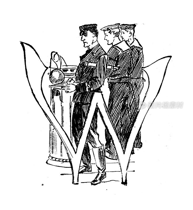 19世纪用于讲故事的英国海军黑白插图;去掉首字母大写W，并附上海军士兵;华丽的字体;《海军与陆军画报》1899年