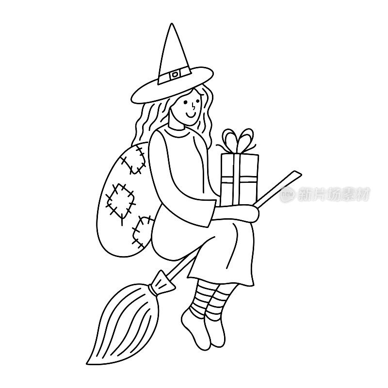 可爱的女孩女巫贝法娜。意大利传统的圣诞主显节女性人物骑在扫帚上，拿着礼盒，送给孩子们。手绘轮廓图矢量插图