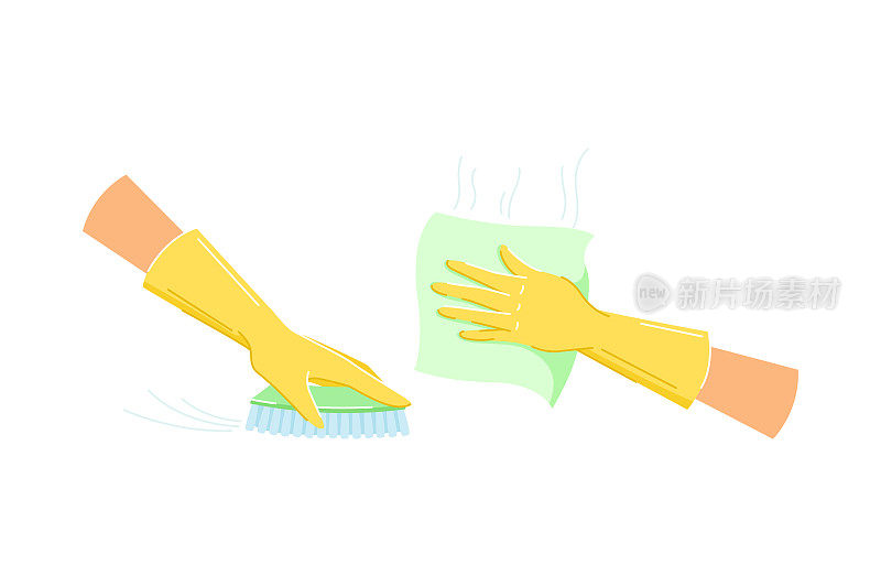 手戴黄色手套，用刷子清洁地板，用擦拭矢量套装擦拭地板