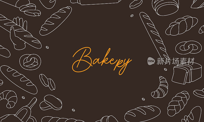面包横古旗。矢量插图面包店菜单设计。小麦面包，椒盐卷饼，意大利面包，牛角包，法棍面包。