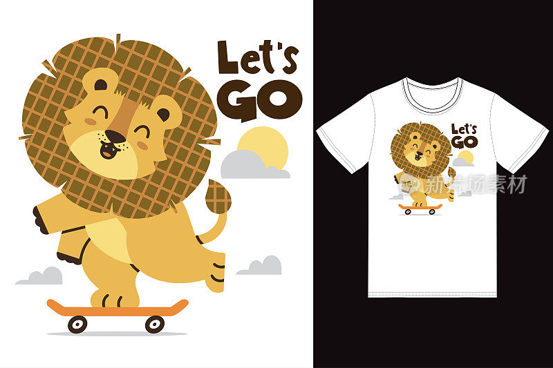 可爱的狮子玩滑板插图与t恤设计溢价矢量