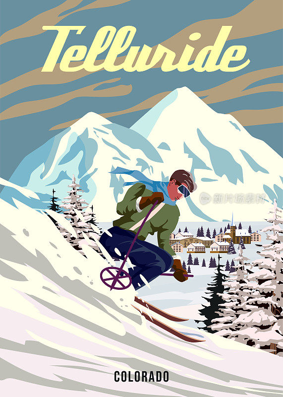 复古旅游海报滑雪特柳赖德度假村。美国冬季风景旅游卡