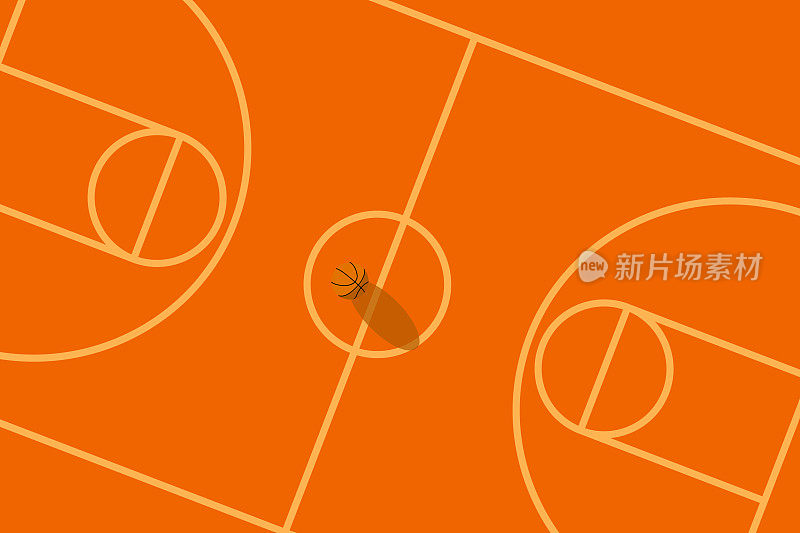 运动矢量插图的一个篮球场与一个球和阴影在地面橙色背景，没有人抽象的背景图形网站卡片海报日历印刷