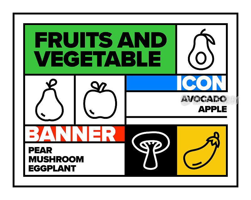 水果和蔬菜线图标集和横幅设计