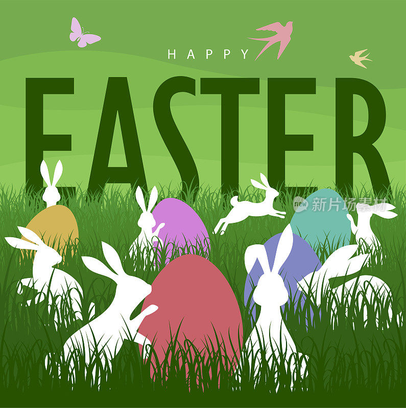 有兔子和鸡蛋的复活节卡片。