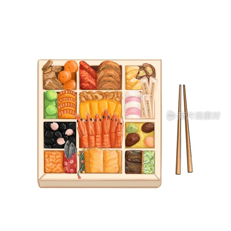传统的日本美食osechi，迎接新年的美食，日本文化中的美食