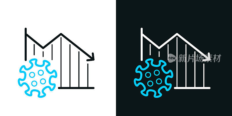 冠状病毒细胞下降图。黑色或白色背景上的双色线图标-可编辑的笔画