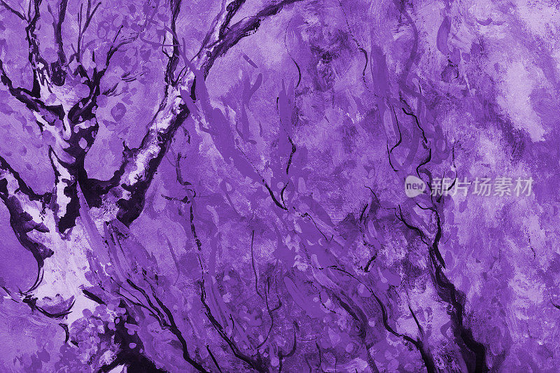 插图景观与白桦树油画在紫色色调印象派