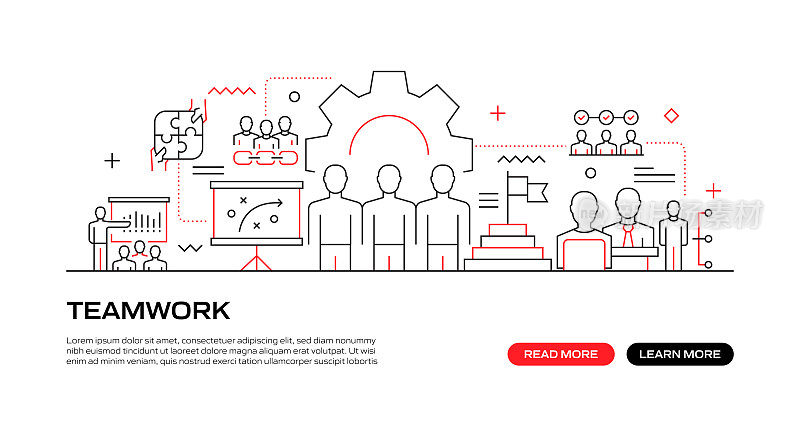 团队合作网络横幅与线性图标，新潮的线性风格向量