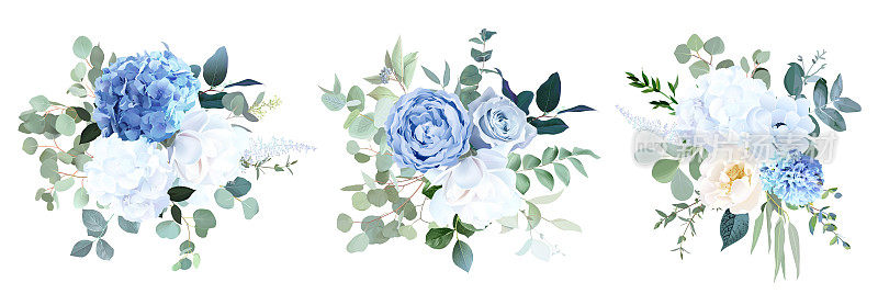灰蓝色玫瑰，白色绣球花，毛茛，玉兰，海葵，风信子，绿色植物，桉树