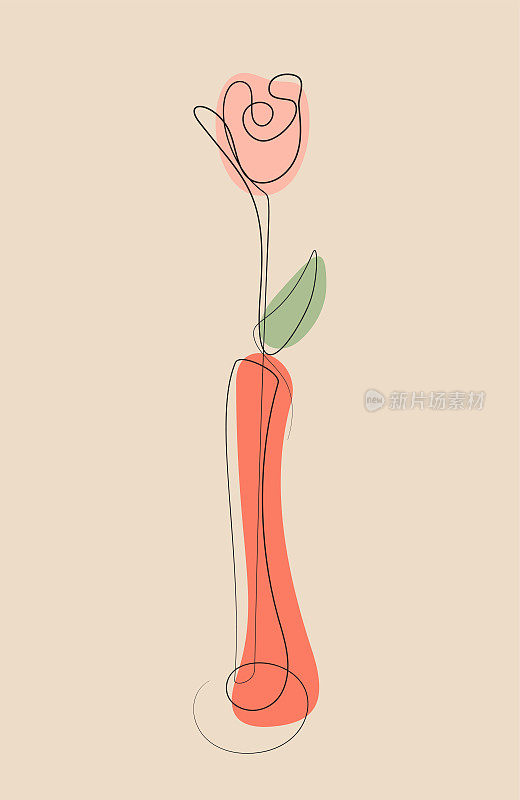 玫瑰在连续线条艺术的绘画风格。