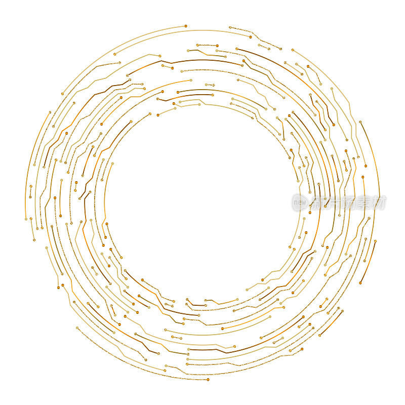 金色电路板风格的抽象圆形电子背景图案。