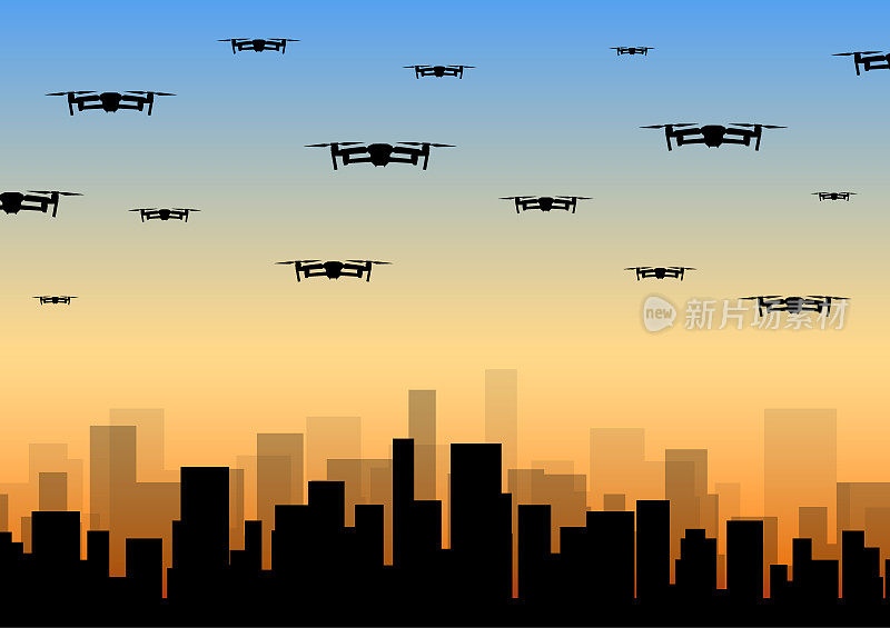 一群无人机在城市上空盘旋
