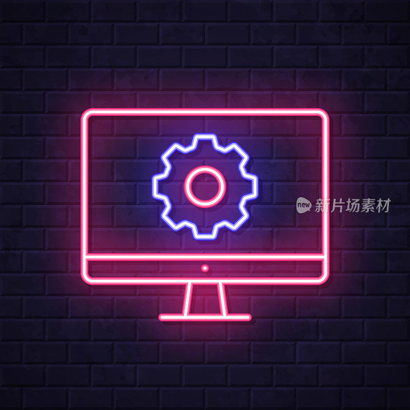 桌面计算机设置-齿轮。在砖墙背景上发光的霓虹灯图标