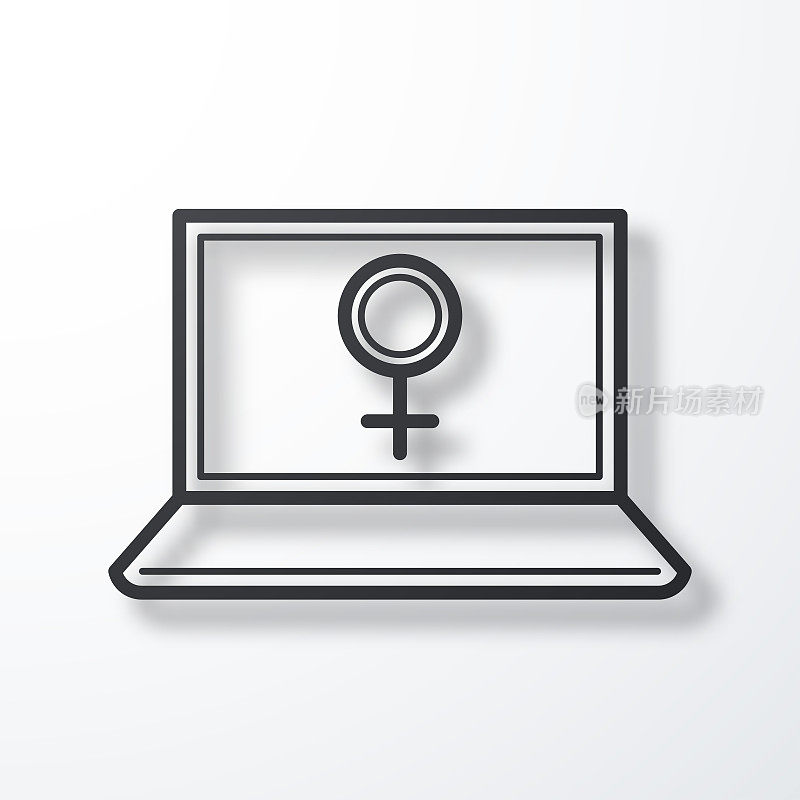 带有女性标志的笔记本电脑。线图标与阴影在白色背景