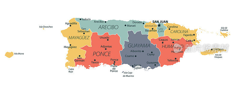 波多黎各地图。矢量彩色地图的波多黎各