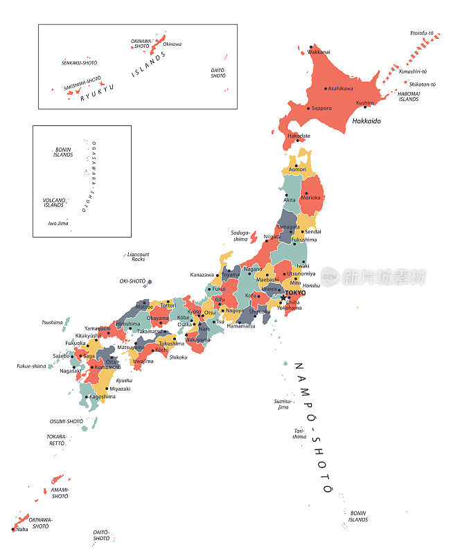日本的地图。矢量彩色日本地图