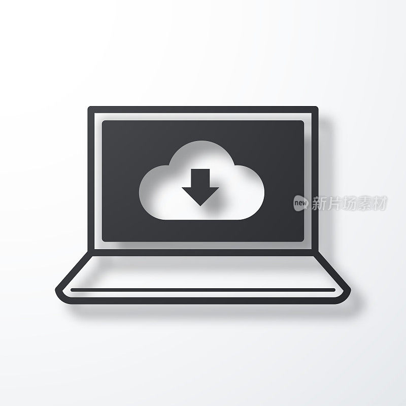 云下载到笔记本电脑。白色背景上的阴影图标