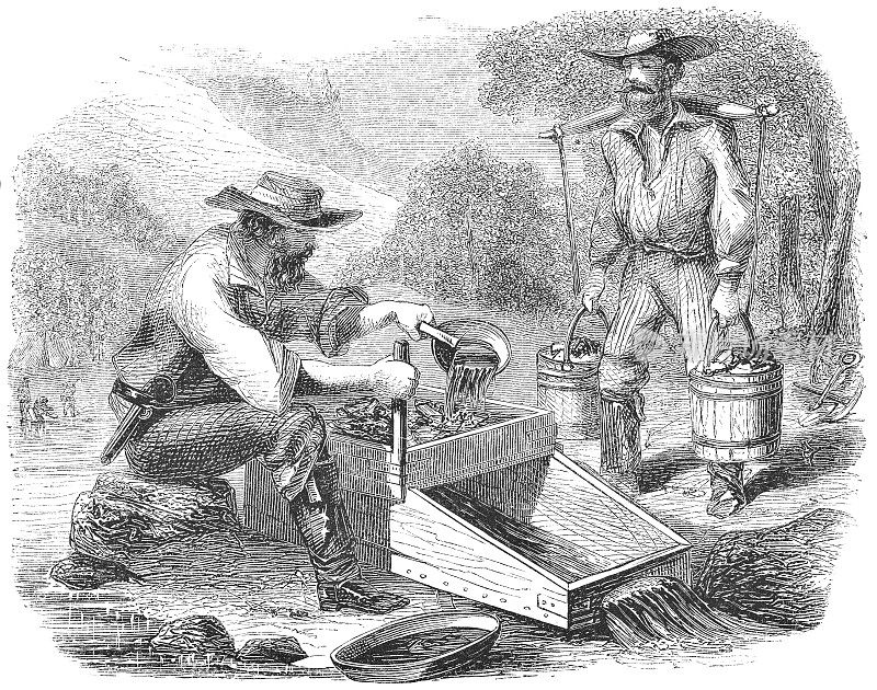 在美国加利福尼亚州斯坦尼斯劳斯河淘金(19世纪)