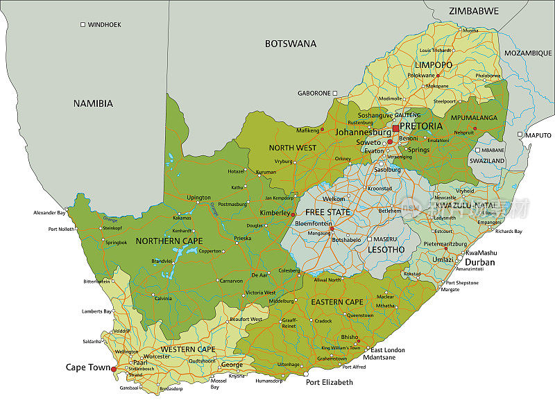 高度详细的可编辑的政治南非地图与分离的层。