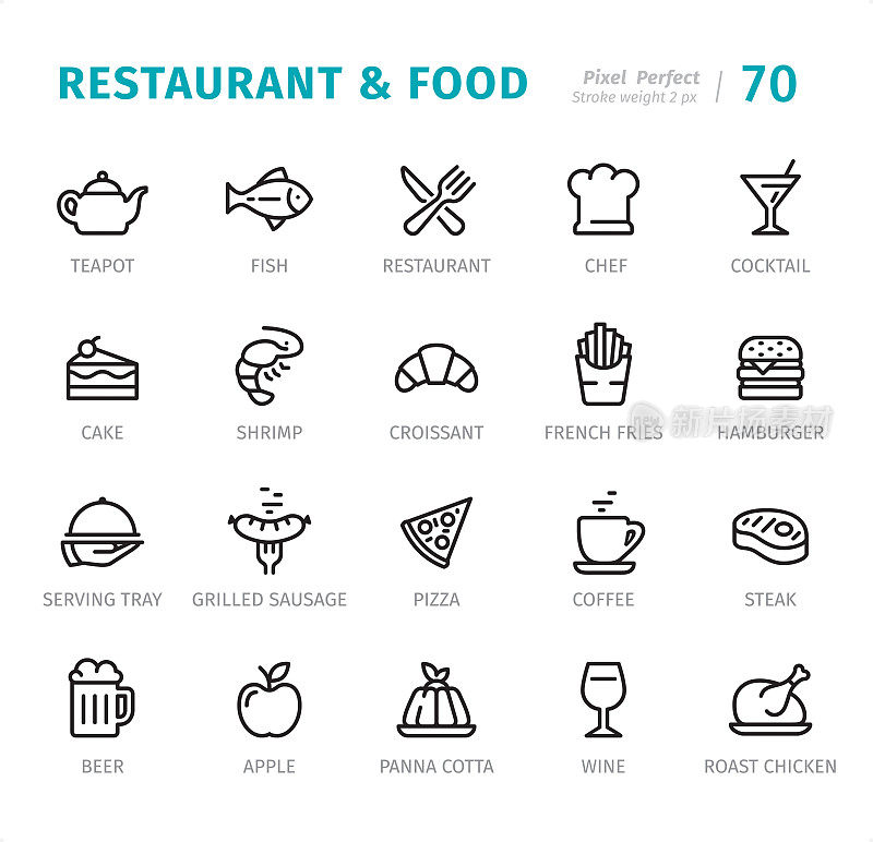 餐厅和食物-像素完美的线条图标与标题
