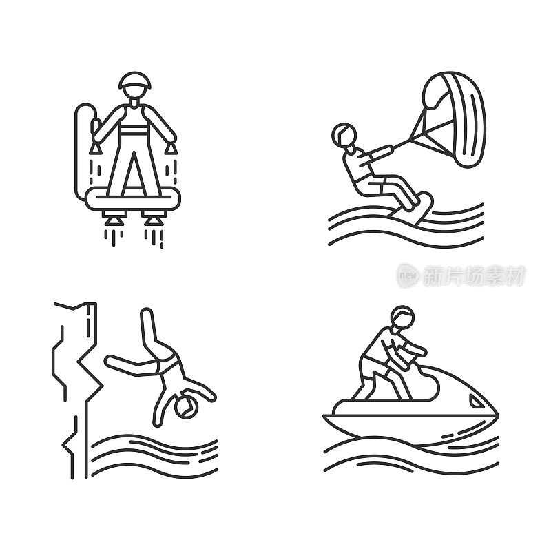 水上运动线性图标集。飞行滑板、风筝滑板、悬崖跳水和水上摩托。极限运动。细线等高线符号。孤立矢量大纲插图。可编辑的中风